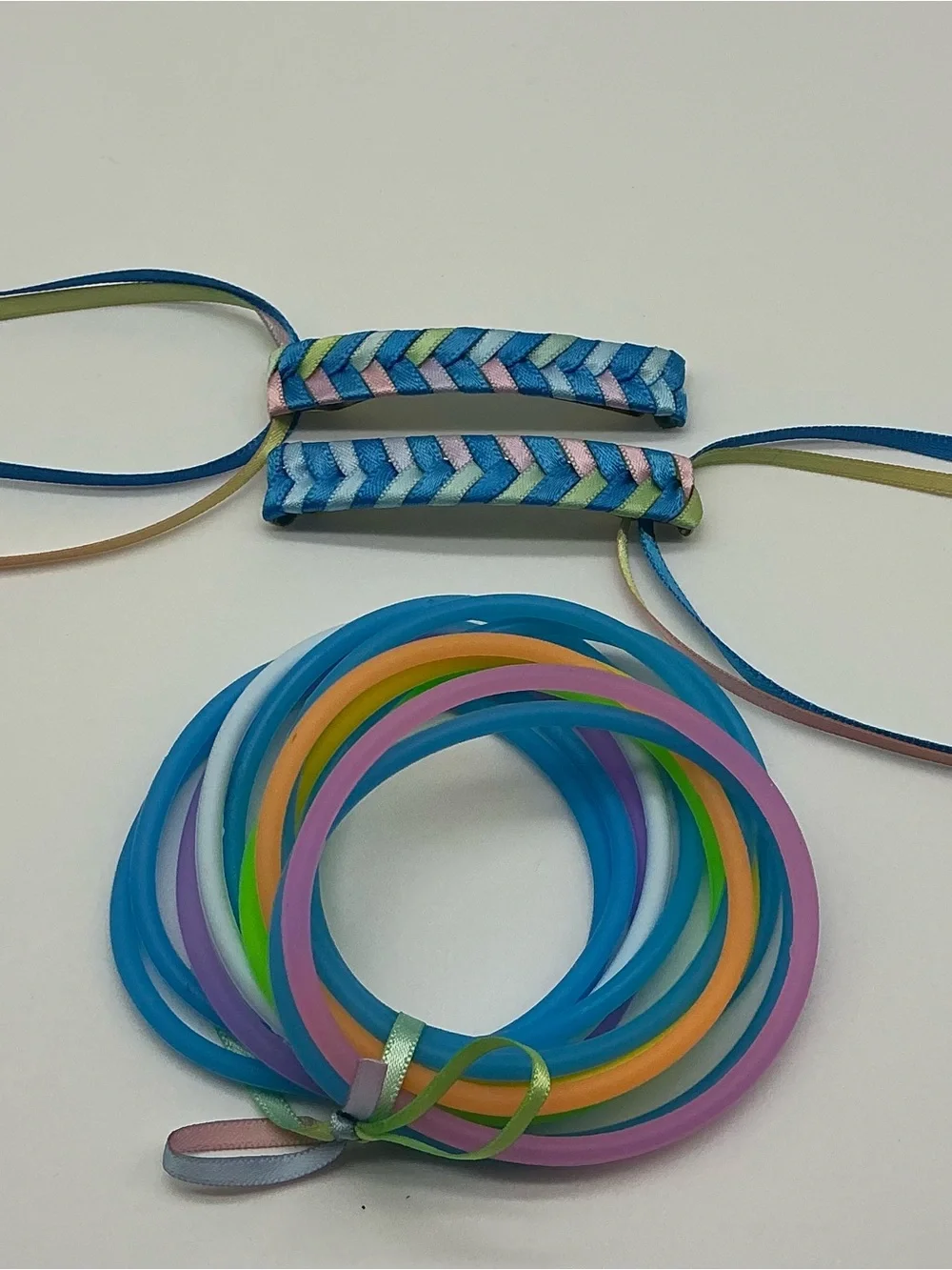 Neon Blue and Pastel Rainbow 80s Barrettes & 12 Jelly Bracelets